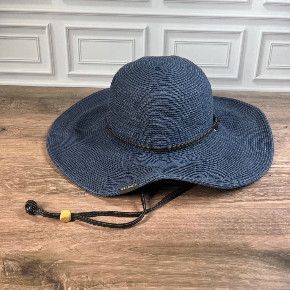 Columbia Sun Hat Women Navy Blue Wide Brim Adjustable Chin Strap Straw Style S/M
